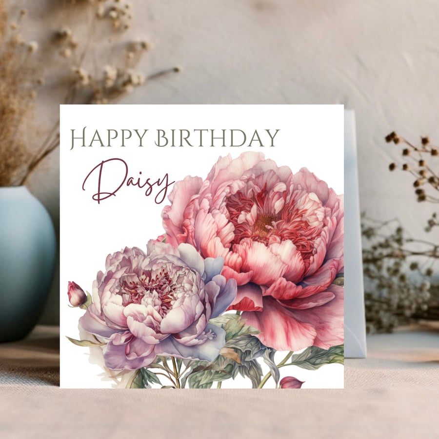 Pink peonies watercolour floral design edit text for a personalised card