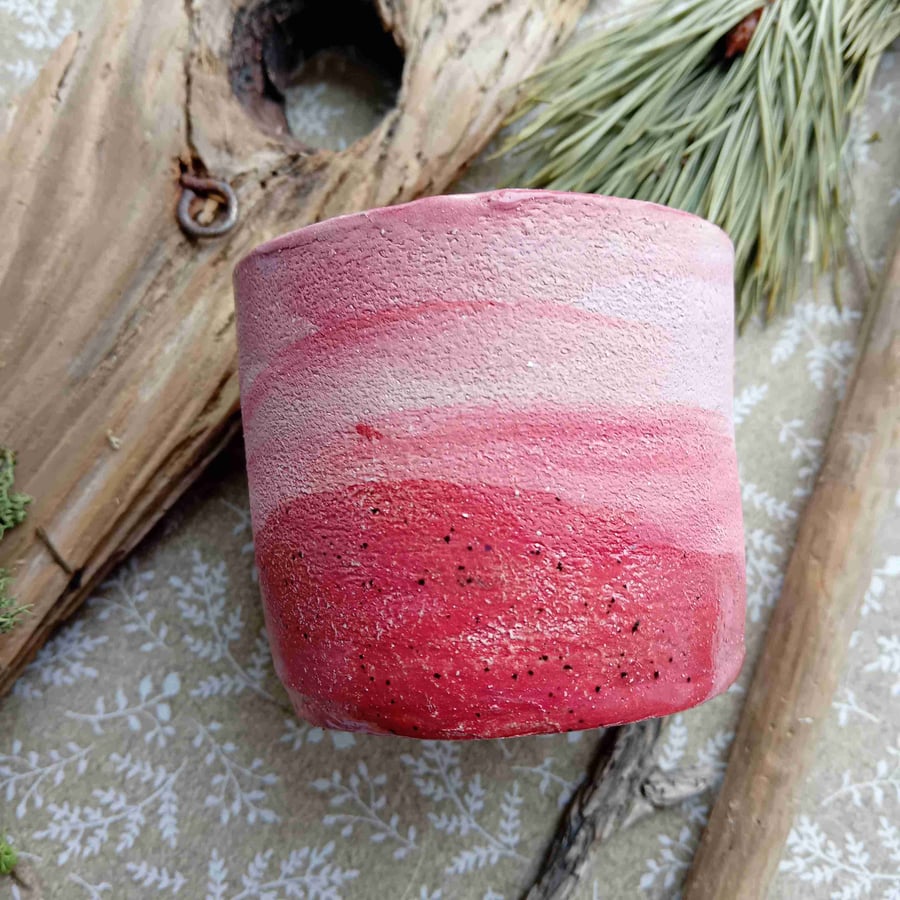 Small rustic mug,tea cup, water colour design red speckle no8 (no handle)