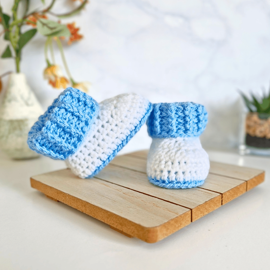 Newborn Baby Booties – Crochet in Blue and White - CLEARANCE 