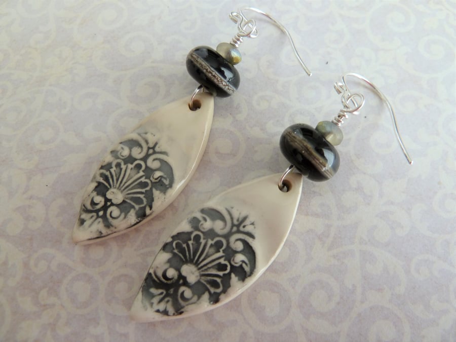 sterling silver, black lampwork and ceramic earrings
