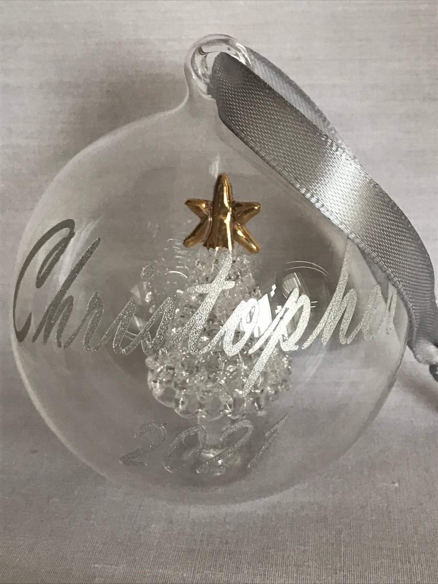 Glass Christmas baubles with glass tree and star with name and year on