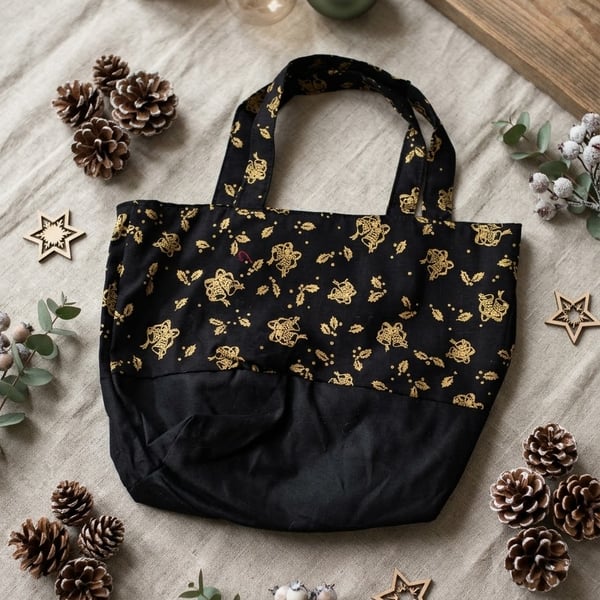 Black & gold Christmas bell eco-friendly reusable gift bag 