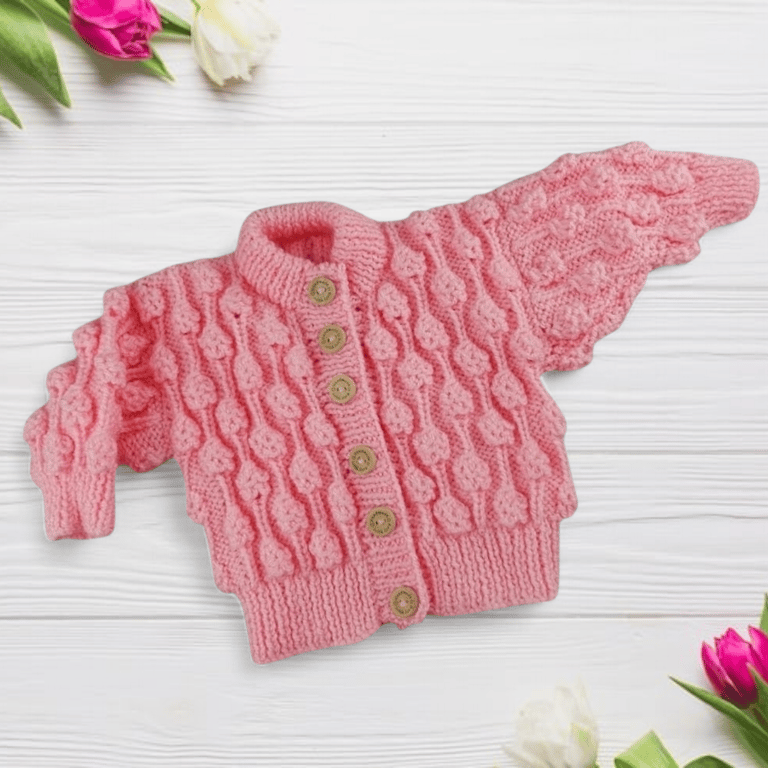 Knitted Baby Cardigan in Pink, Bobble Pattern, Baby Girl Gift, Size 0-6 months 