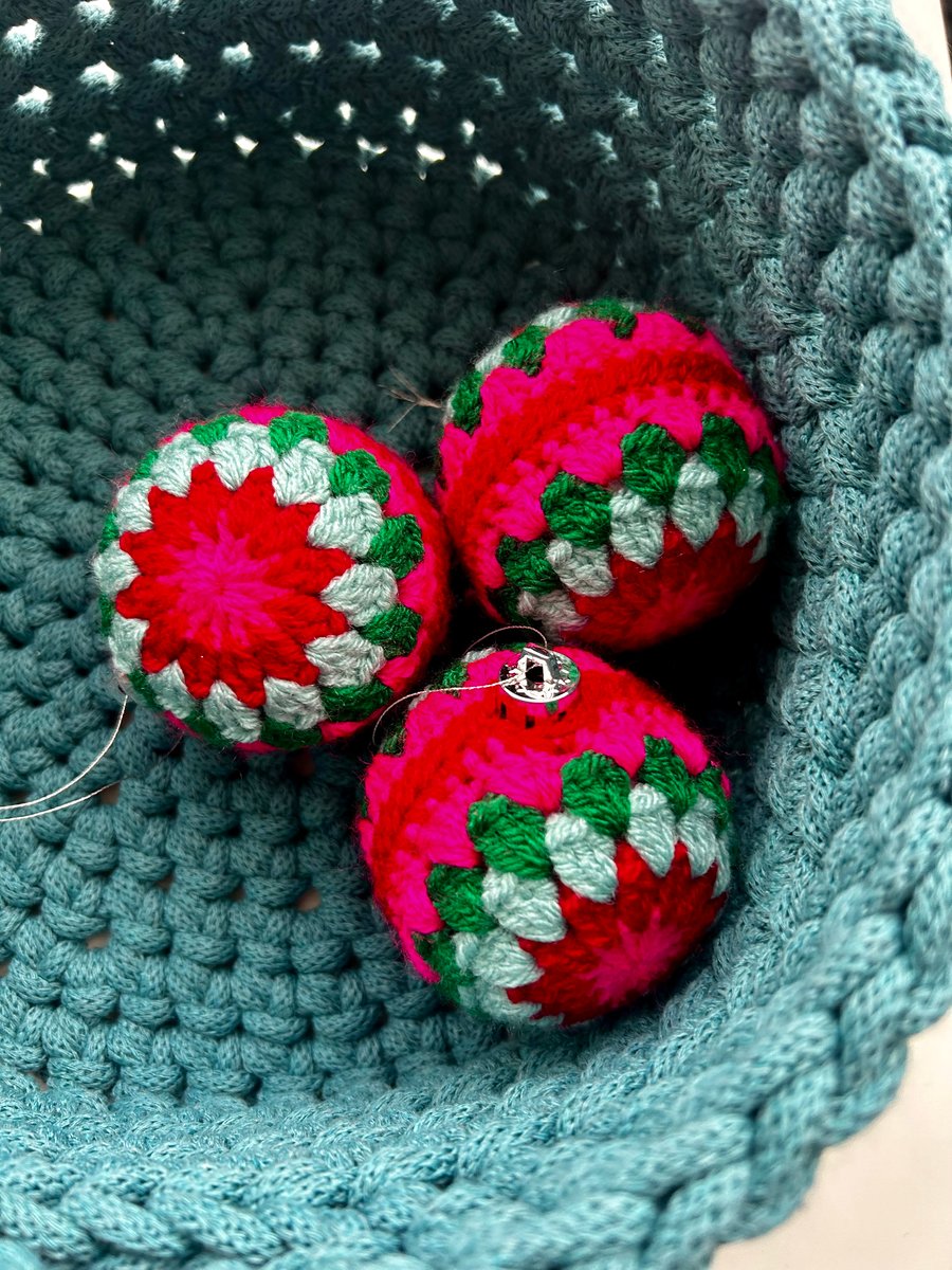 Set of 3 crochet Christmas baubles -  pink, red, turquoise and green