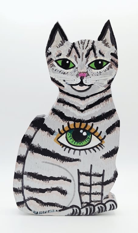 Hand Painted Tabby Cat Familiar Folk Art on Reclaimed Wood Witchy Home Decor