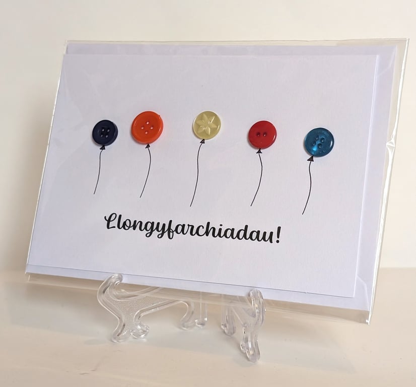 Llongyfarchiadau (Congratulations) balloon buttons greetings card Welsh