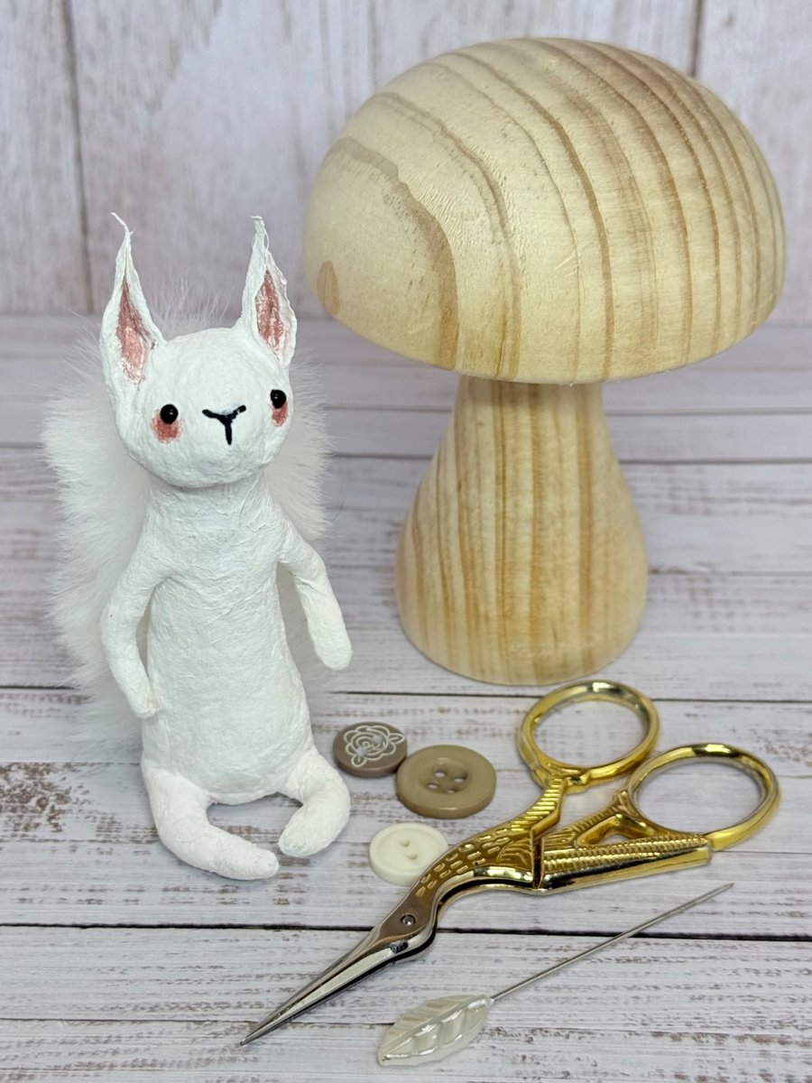 Spun Cotton White Squirrel Miniature Art Doll