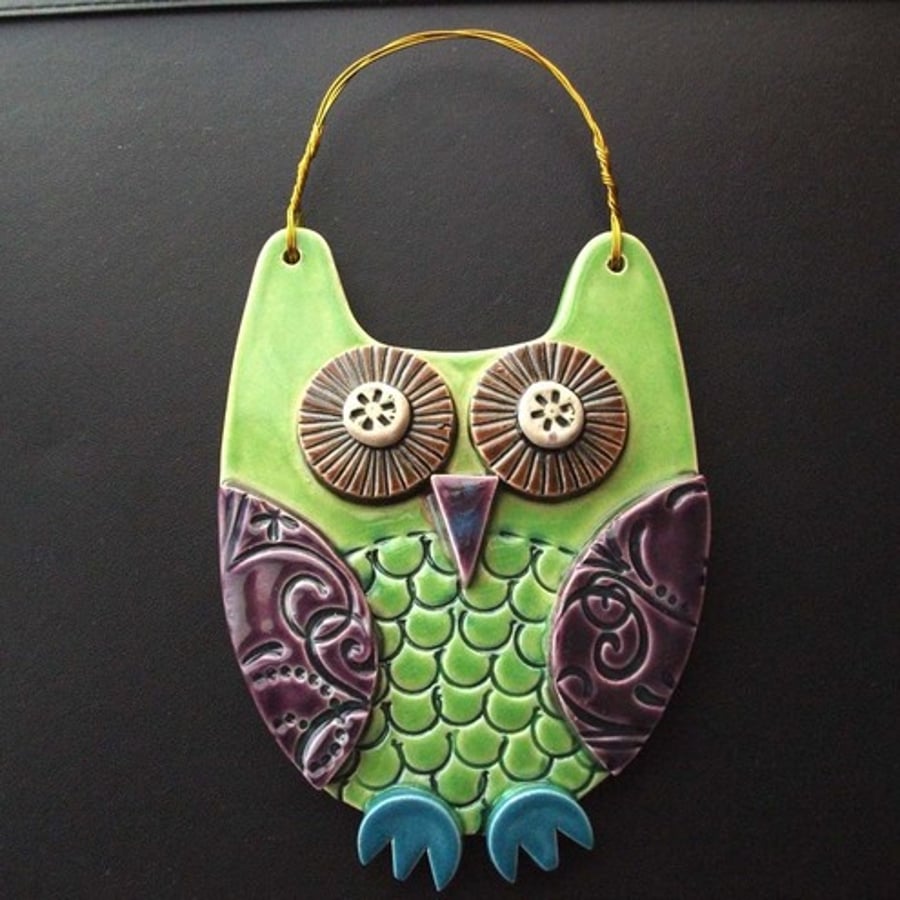 Green Owl ceramic hanging decoration 