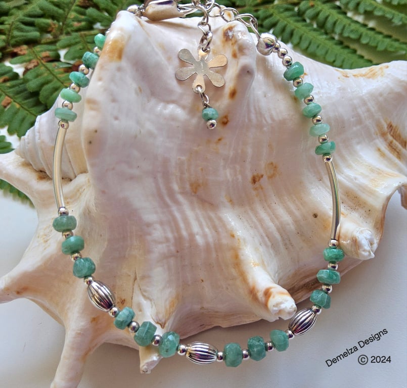 Dainty Genuine Emerald Noodle Style 925 Sterling Silver Bracelet 