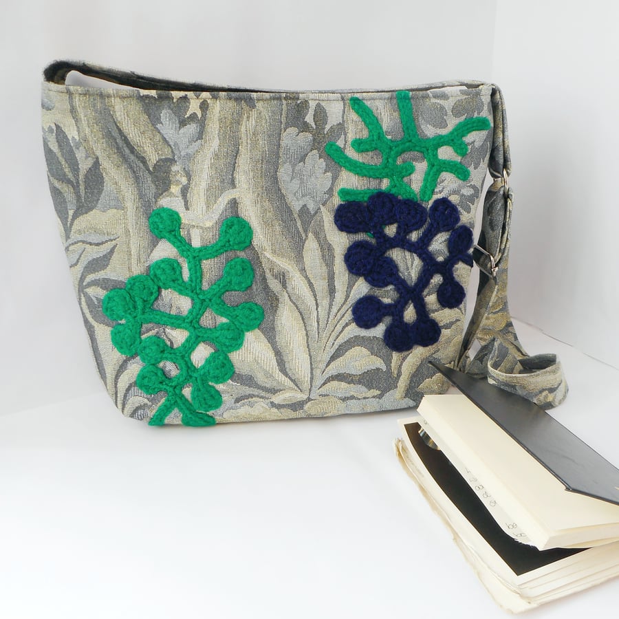 Fabric shoulder bag in Plantasia fabric with appliqued crochet trees