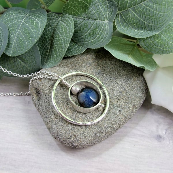 Dark Blue Agate Necklace, Sterling Silver Artisan Pendant