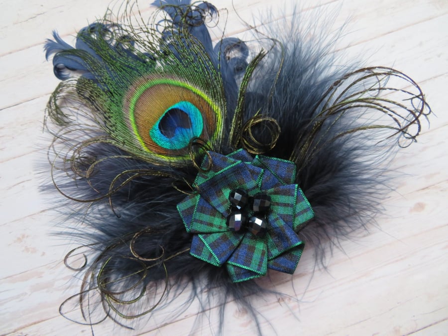 Navy Blue Peacock Feather & Tartan FascinatorHair Clip 
