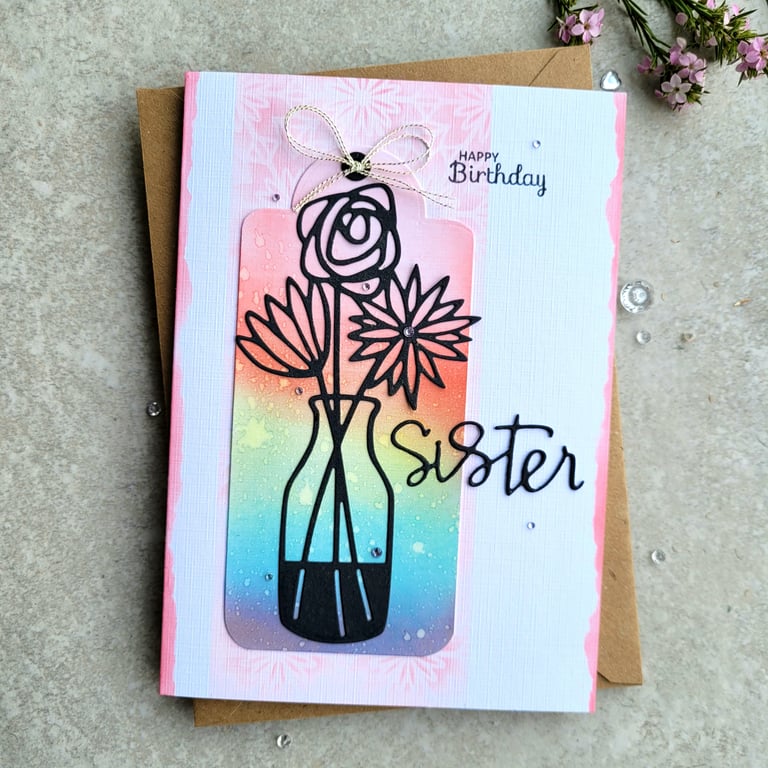 Sister birthday card, vase, flowers, blank inside, handmade, textured 