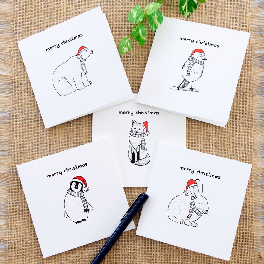 Pack of 5 Cute Animal Christmas Cards 