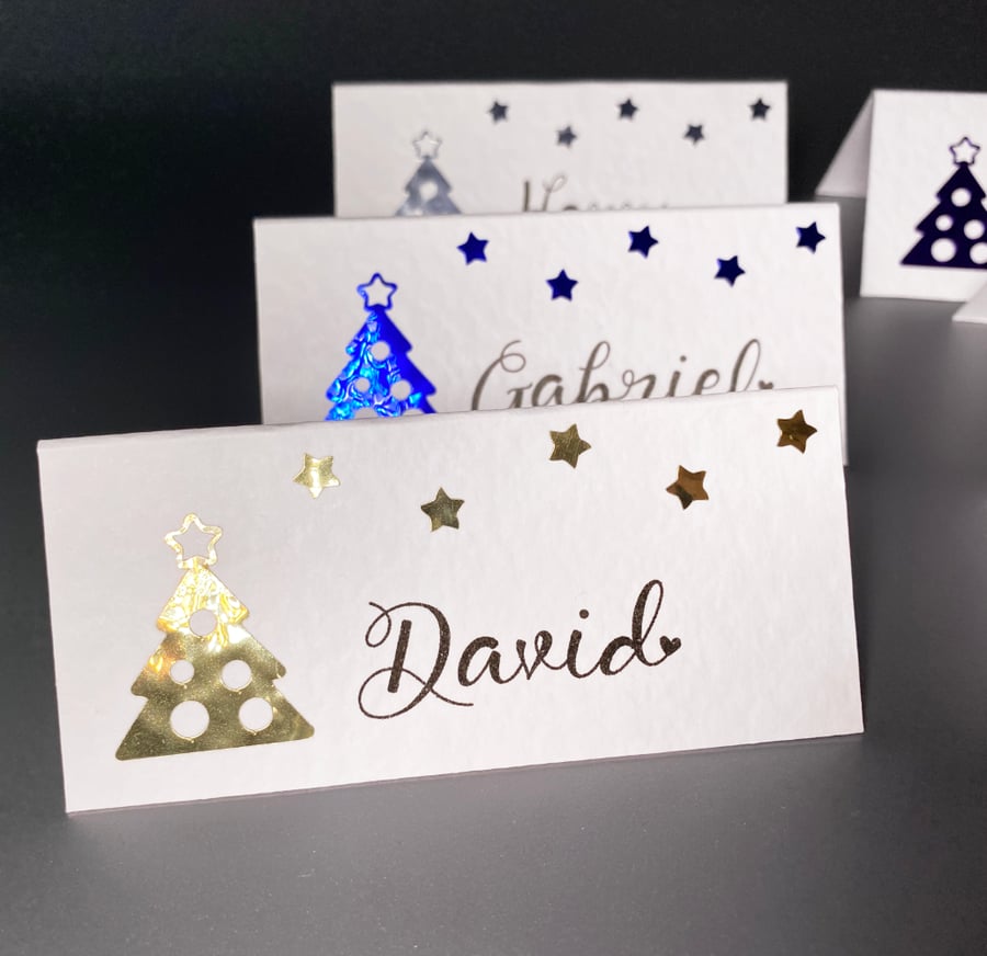 6 x personalised NAME place CARDS Christmas Tree stars Wedding table setting