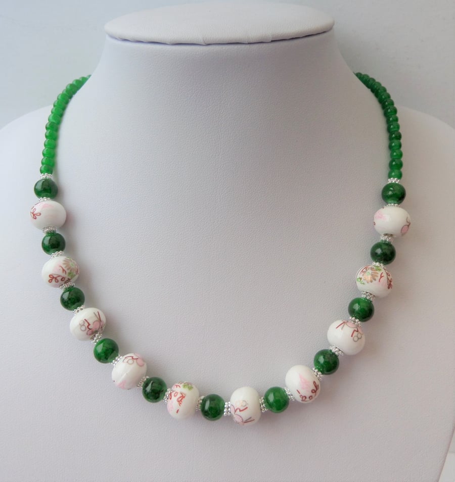 White, green & pink ceramic and green glass bead necklace