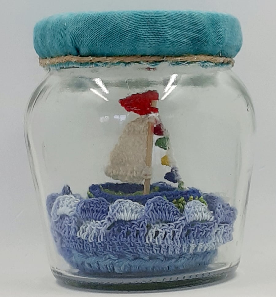 Tiny Crochet Sailboat in a Jar