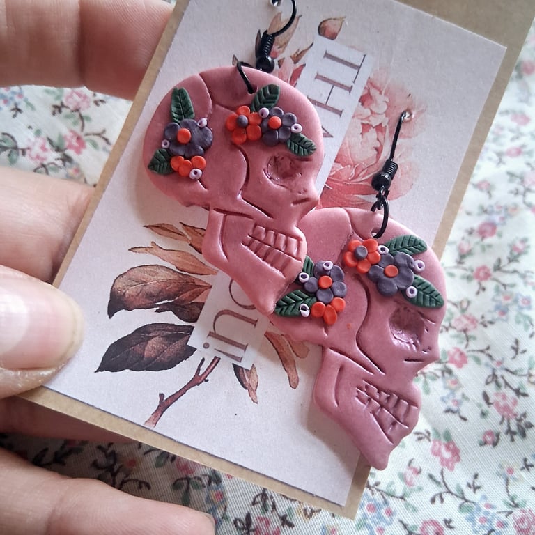 CLEARANCE! polymer clay earrings handmade- reduced-floral sugar skull