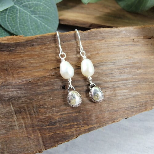 Sterling Silver and Pearl Earrings, Textured Recycled Silver Tear Drops