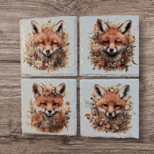 Stunning Fox Decoupaged Slate Coasters Set of 4