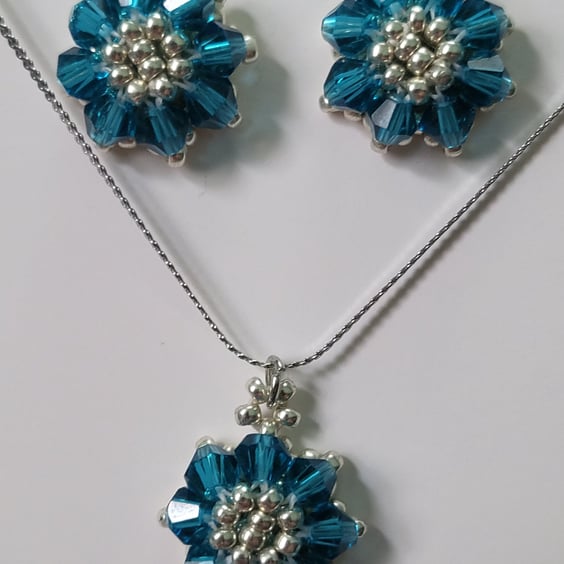 Teal Blue Crystal Flower Jewellery Set - Handmade Necklace and Earrings 