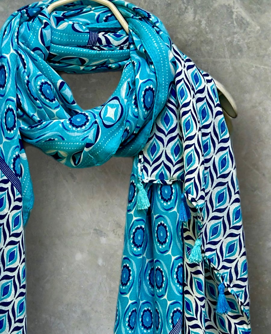 Moroccan-Inspired Geometric Pattern Blue Scarf with Tassels,Great Gifts for Her