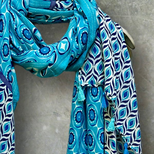 Moroccan-Inspired Geometric Pattern Blue Scarf with Tassels,Great Gifts for Her