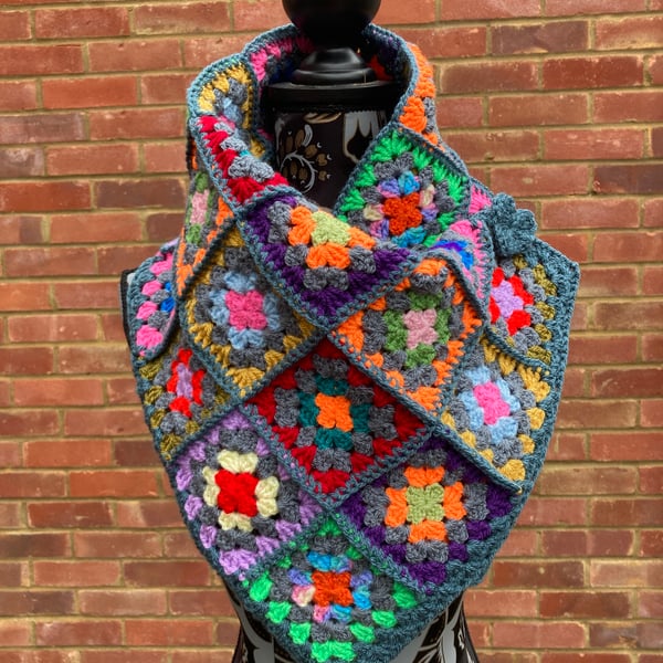 Grannysquare scarf crochet design with heart toggle made to order 