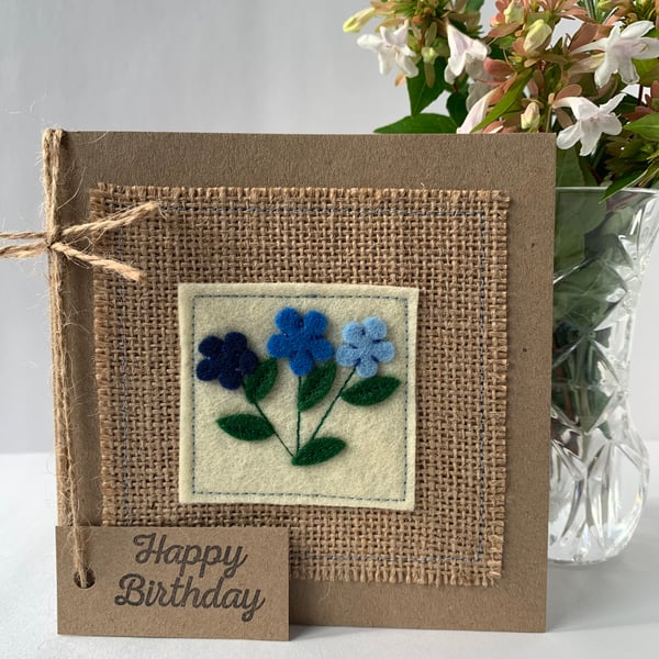 Handmade Birthday with blue flowers on cream wool felt. Keepsake card.