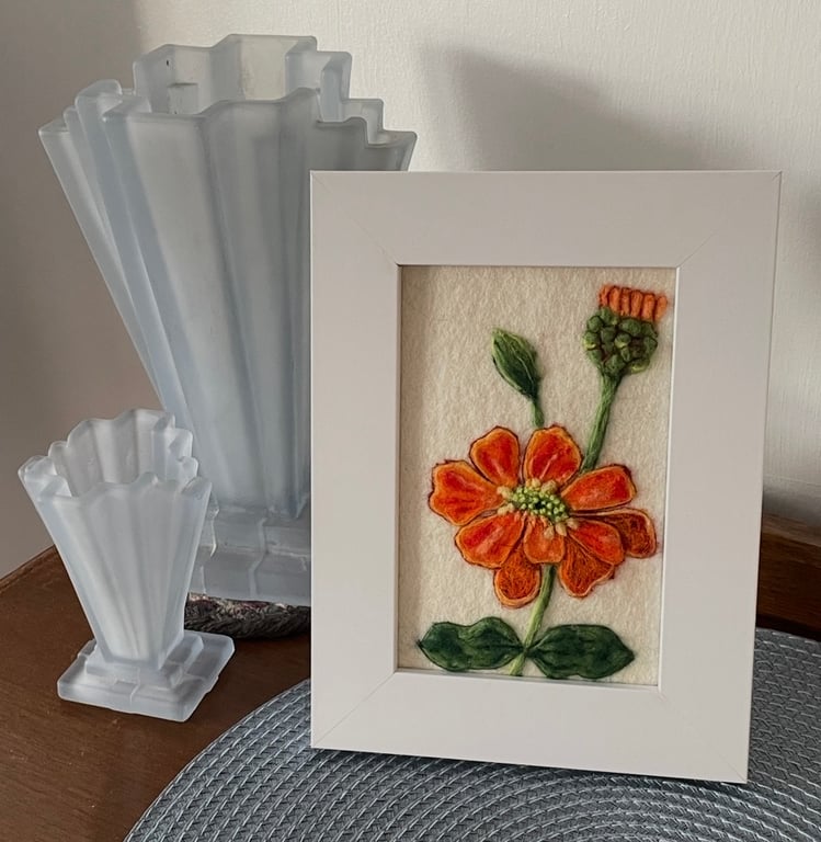 Hand Felted Zinnia Textile Artwork 