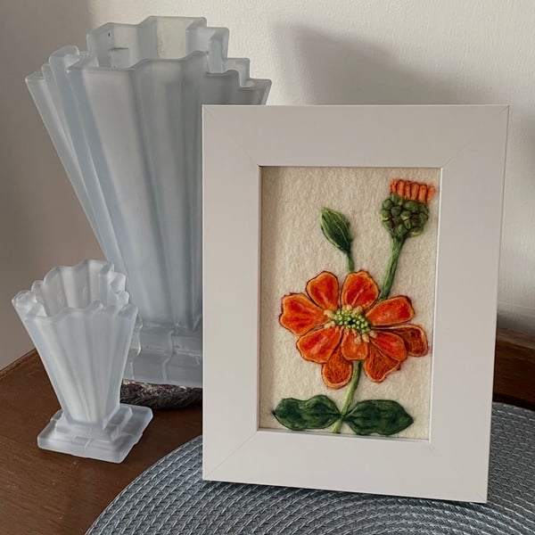 Hand Felted Zinnia Textile Artwork 