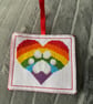 Cross stitched paw print rainbow heart hanging decoration 
