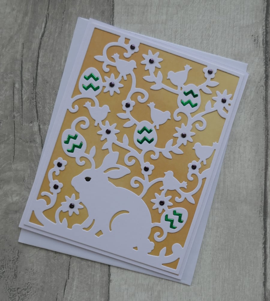 Rabbit with Easter Eggs, Flowers and Birds - Easter Card