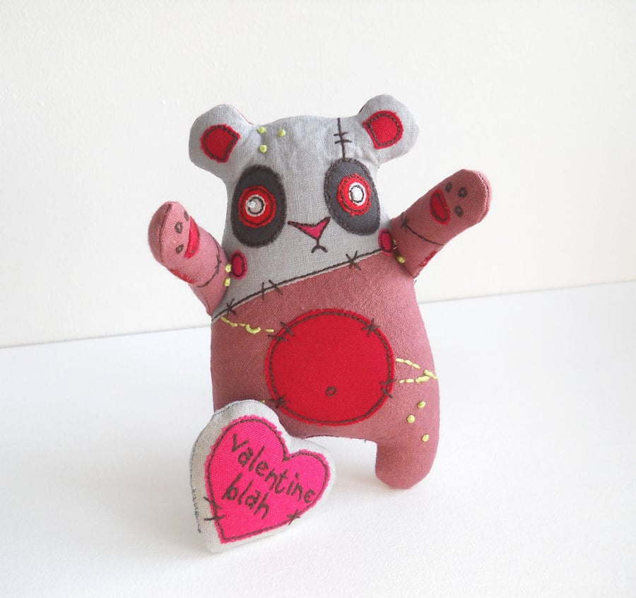 freehand machine hand embroidered valentines zombie panda hot pink