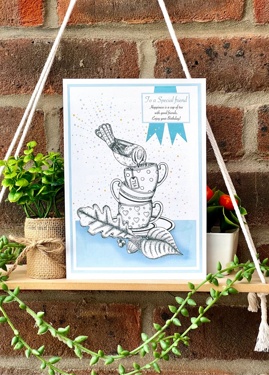Birthday card - ‘Blue Tit tea cup stack’