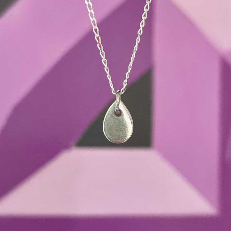 Tiny teardrop pendant necklace, 999 fine silver on sterling silver chain