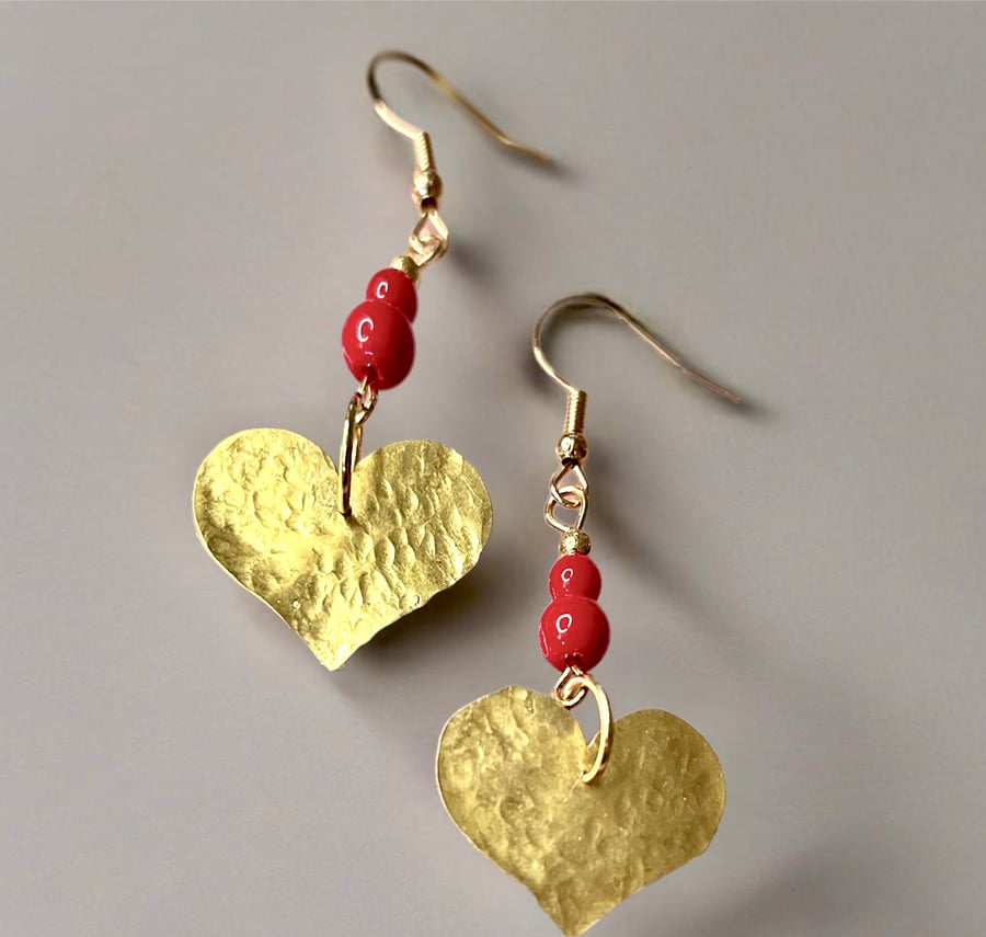 Earrings- Vibrant Red Coral Beads Featuring a Textured Brass Heart - Freepost