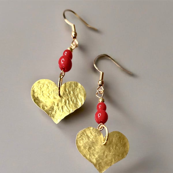Earrings- Vibrant Red Coral Beads Featuring a Textured Brass Heart - Freepost