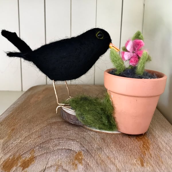 Blackbird needle felted bird ornament 
