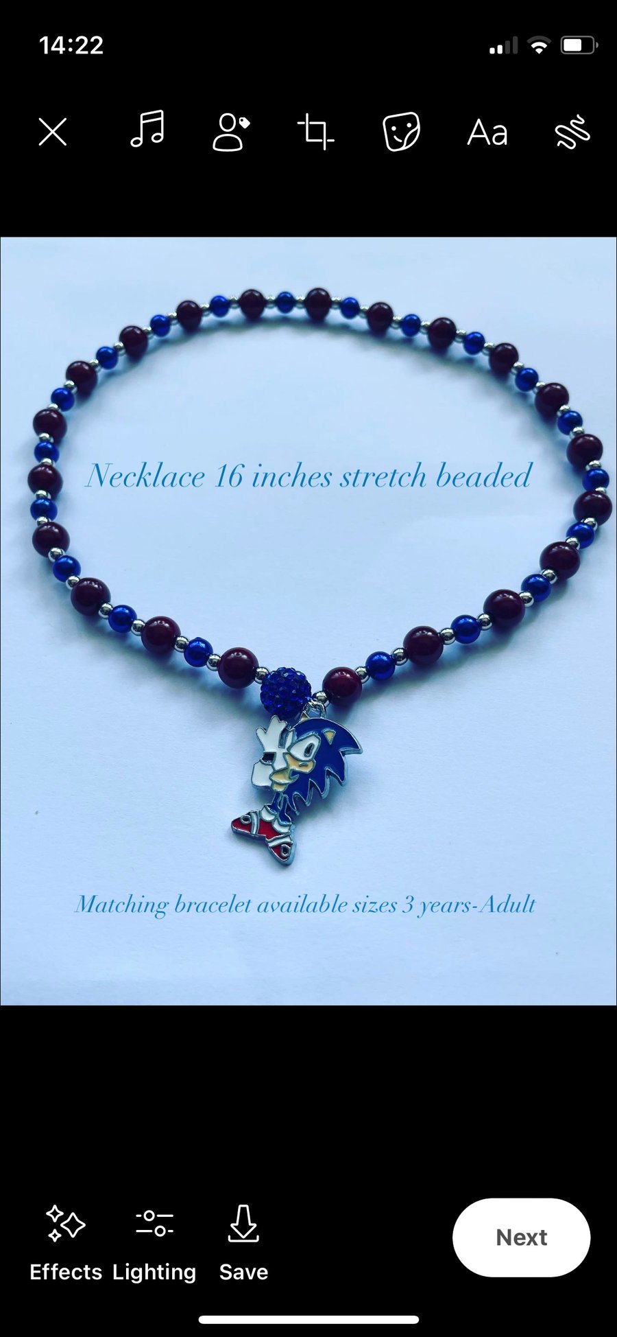 Stretch beaded sonic charm pendant necklace 16 inches toddler adult kid’s 