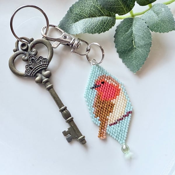Festive Christmas robin beadwork keyring with Czech glass drop