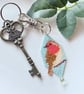 Handmade beadwork robin keyring in sage green with a Czech glass drop