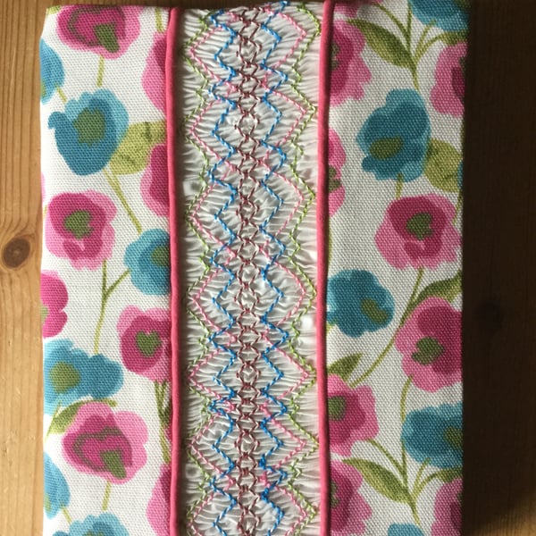 Smocked Slip Covered Sketchbook or Journal, Pink and Blue Floral