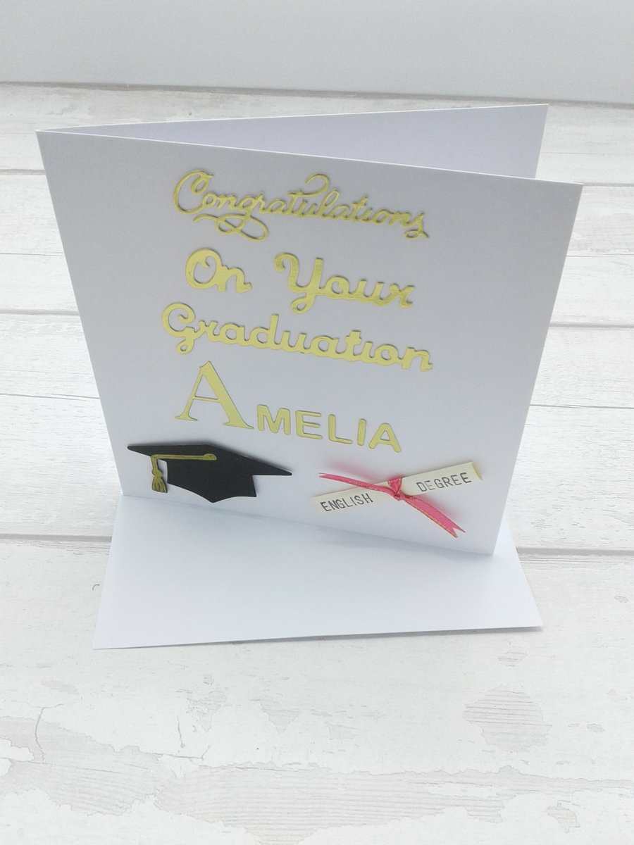 Graduation card. Personalised congratulations card. Graduation success.