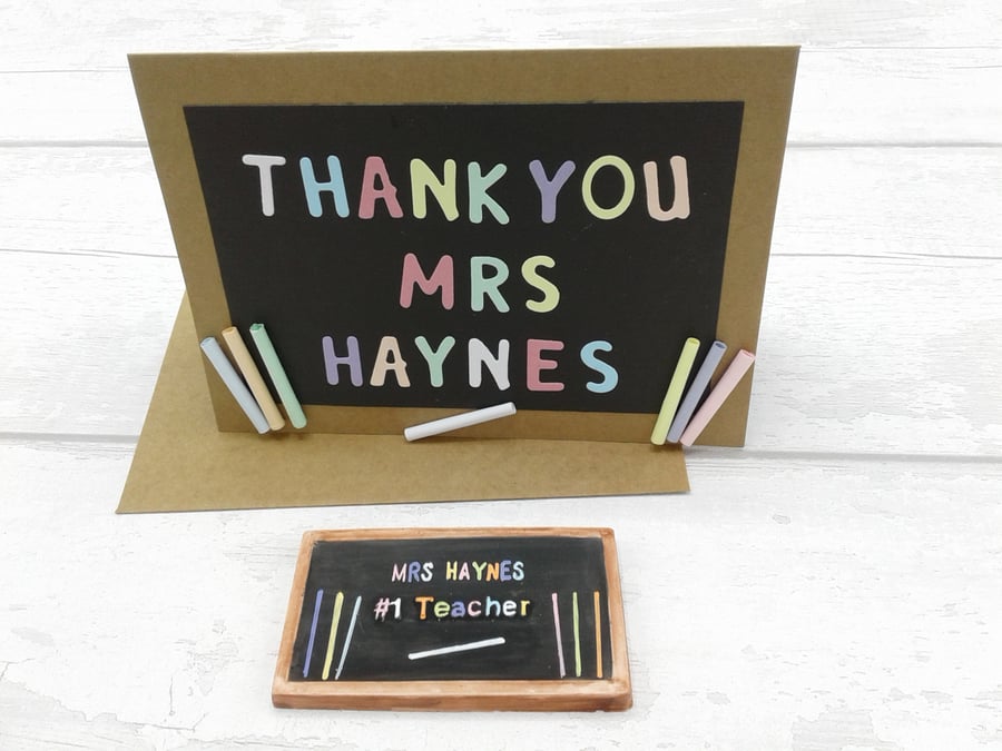 Teacher thank you card and gift. Personalised card  and ceramic fridge magnet.