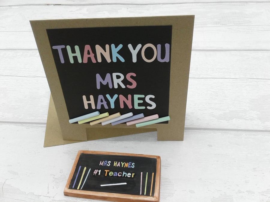 Teacher thank you card and gift. Personalised card and ceramic fridge magnet.