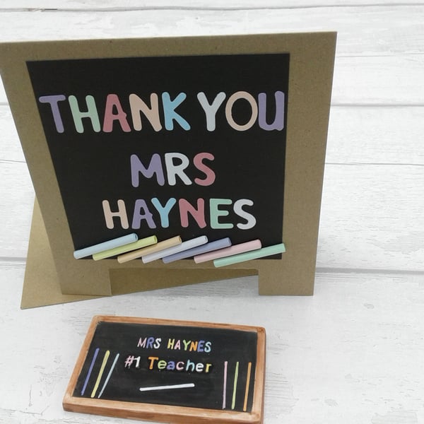Teacher thank you card and gift. Personalised card and ceramic fridge magnet.