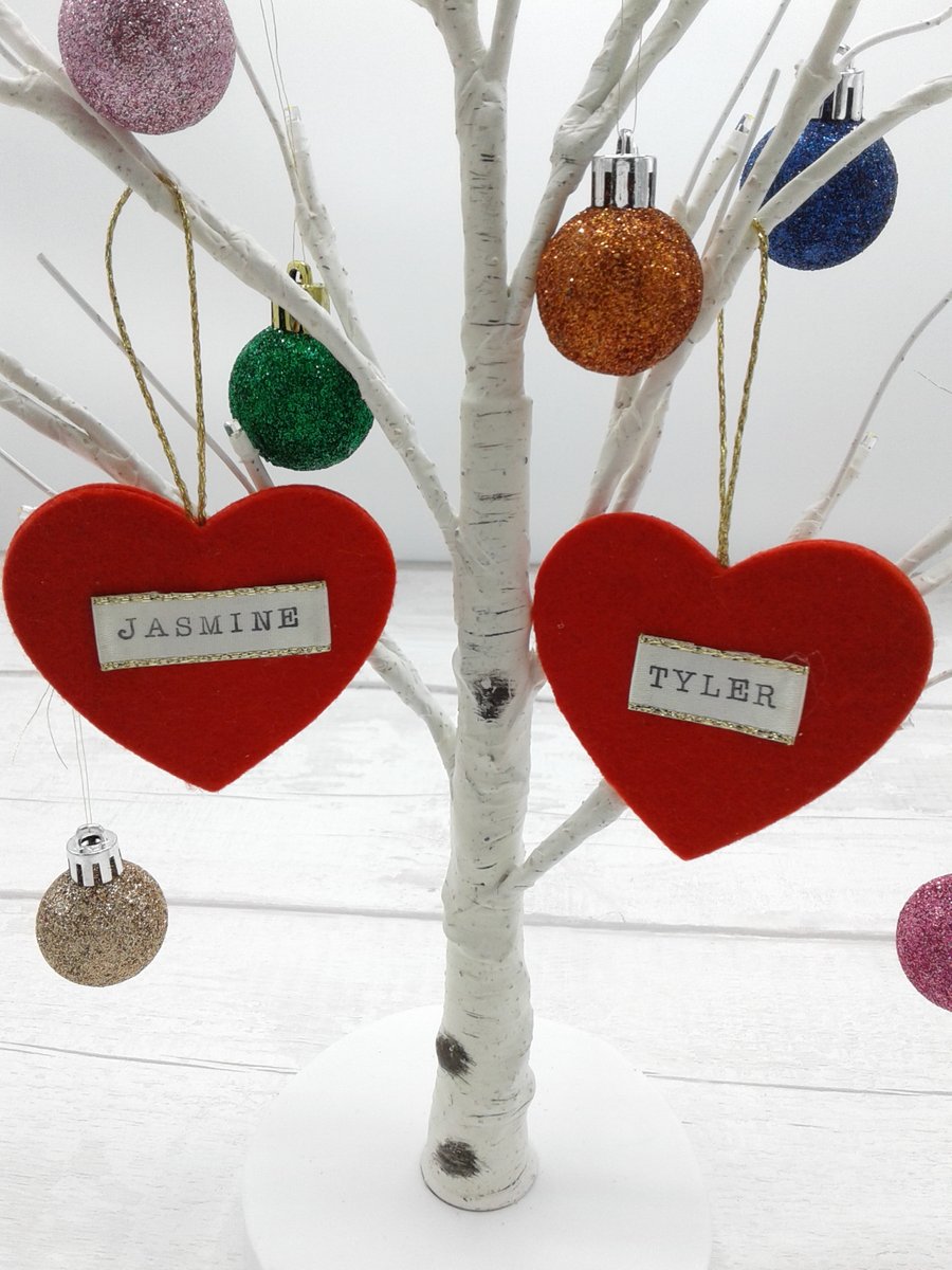 Personalised Christmas decoration. Tree decoration. Place setting. Felt heart.