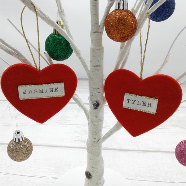 Personalised Christmas decoration. Tree decoration. Place setting. Felt heart.