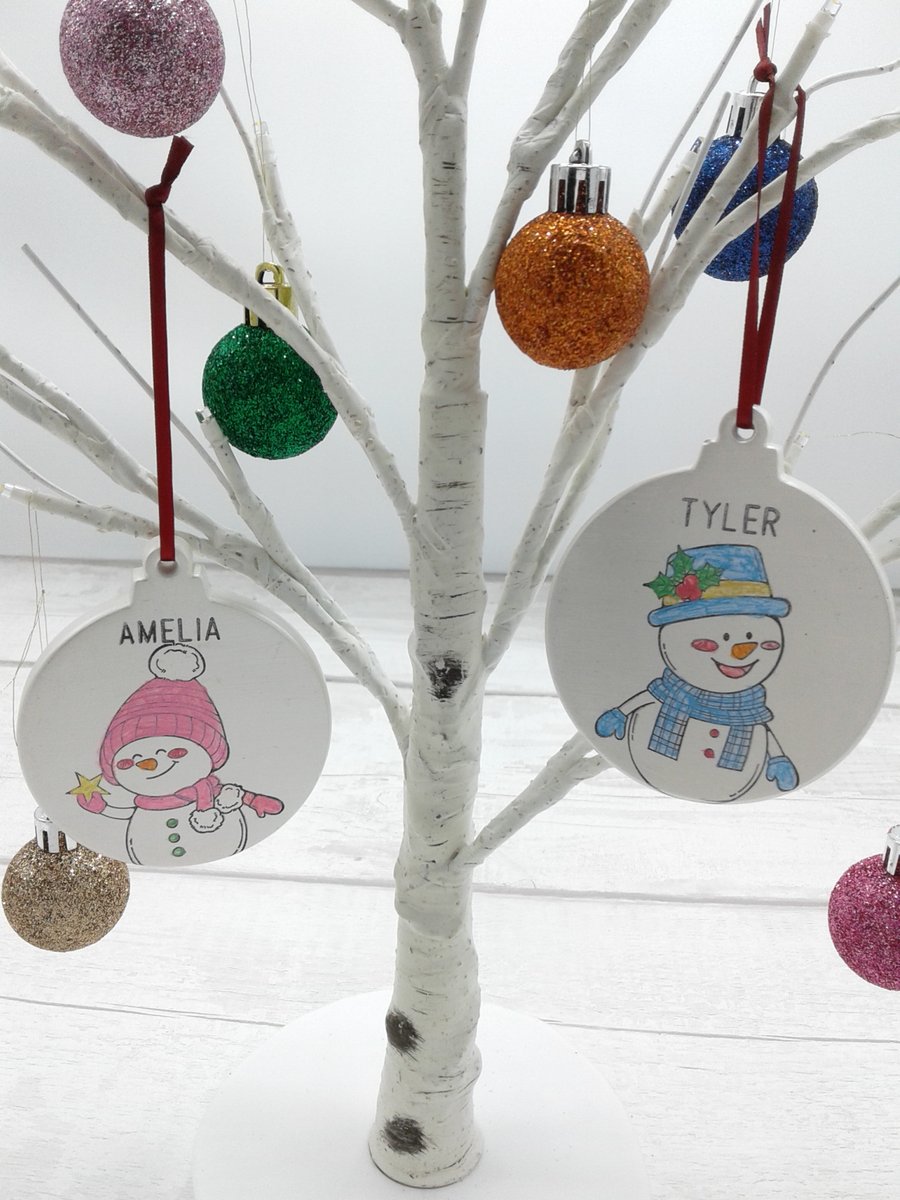 Personalised ceramic bauble decoration. Snow boy. Snow girl. Christmas keepsake.